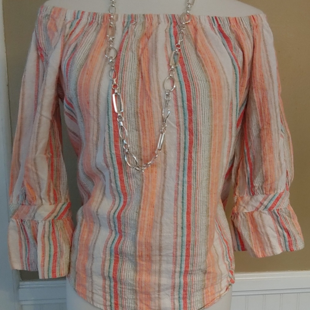 LONG SLEEVE OFF-THE-SHOULDER STRIPE MULTICOLOR TOP